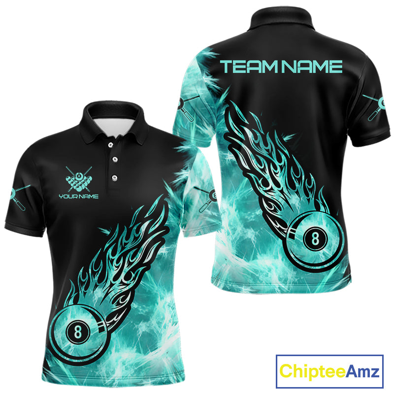 Black And Turquoise Flaming Icy 8 Ball Pool Billiard Shirt For Men Custom Billiard Team Jersey TDM5810