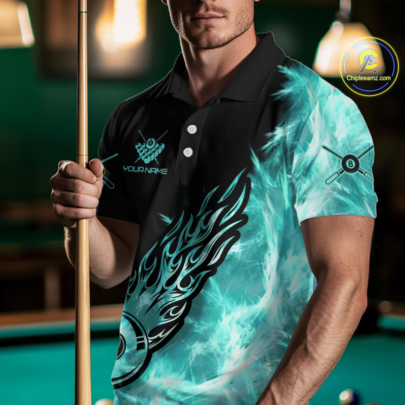 Black And Turquoise Flaming Icy 8 Ball Pool Billiard Shirt For Men Custom Billiard Team Jersey TDM5810
