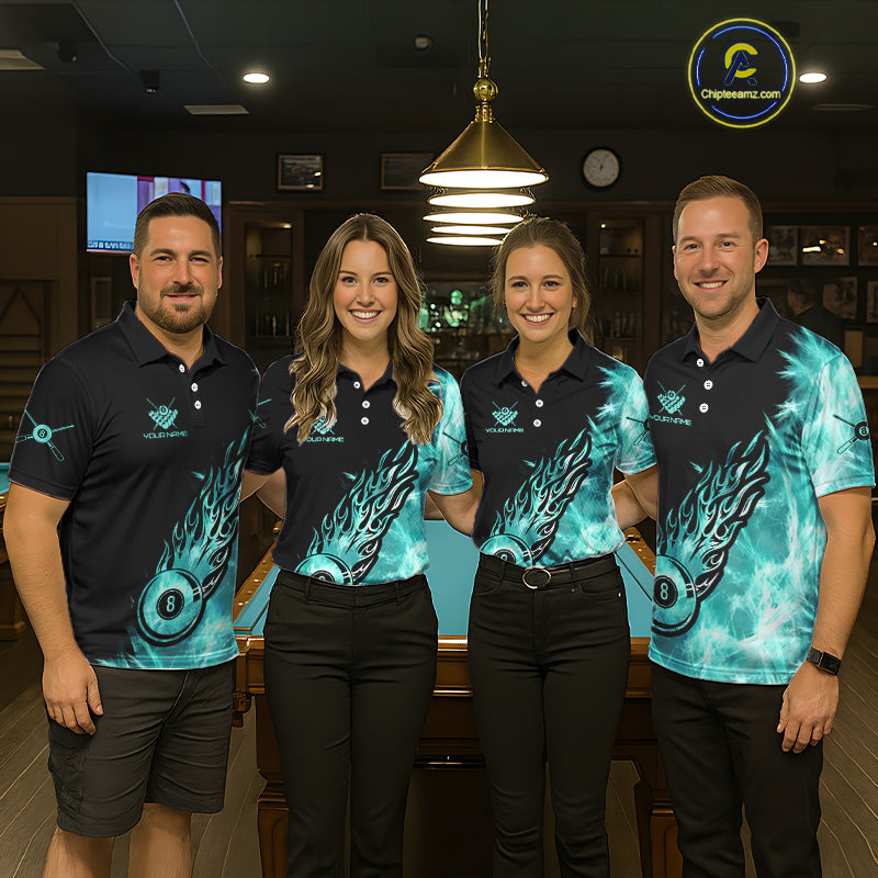 Black And Turquoise Flaming Icy 8 Ball Pool Billiard Shirt For Men Custom Billiard Team Jersey TDM5810