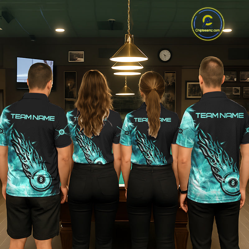 Black And Turquoise Flaming Icy 8 Ball Pool Billiard Shirt For Men Custom Billiard Team Jersey TDM5810