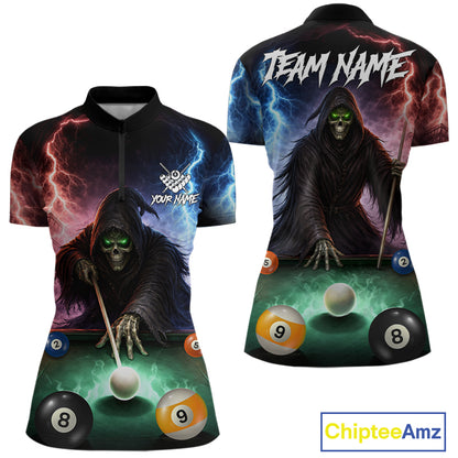 Funny Grim Reaper Lightning Billiard Shirt For Women Custom Pool Balls Team Jersey Polo & 1/4 Zip TDM6410