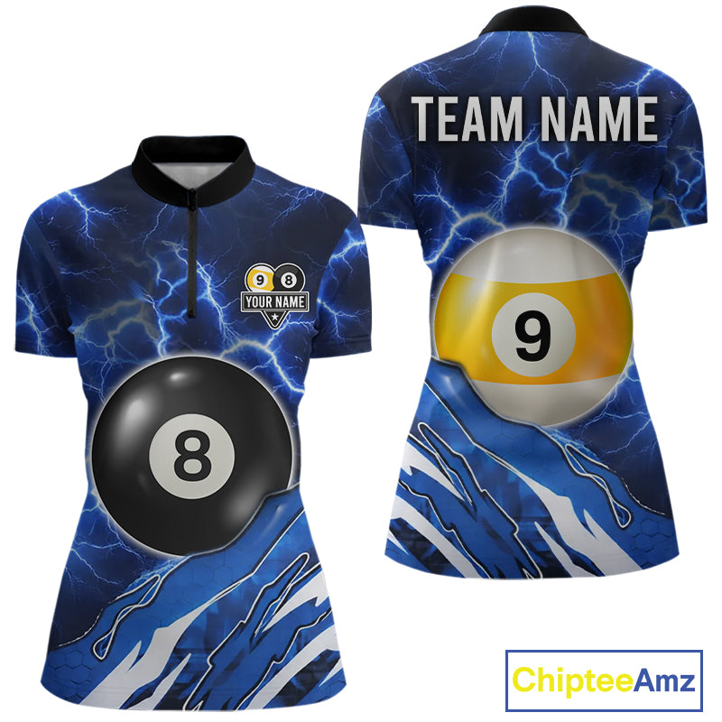 Blue Lightning Billiard Jersey For Women Custom 8 Ball 9 Ball Pool Billiard Shirt Team Polo, 1/4 Zip TDM6413