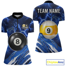 Load image into Gallery viewer, Blue Lightning Billiard Jersey For Women Custom 8 Ball 9 Ball Pool Billiard Shirt Team Polo, 1/4 Zip TDM6413