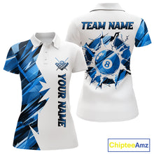 Load image into Gallery viewer, White billiard polo shirt with blue and black designs on front and back, featuring an 8 ball graphic, "Team Name" and "Your Name" text, custom pool team jersey design