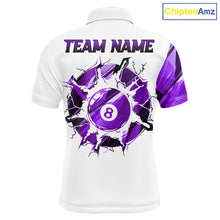 Load image into Gallery viewer, White billiard polo shirt with purple and black designs on front and back, featuring an 8 ball graphic, "Team Name" and "Your Name" text, custom pool team jersey design
