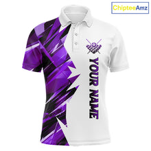 Load image into Gallery viewer, White billiard polo shirt with purple and black designs on front and back, featuring an 8 ball graphic, "Team Name" and "Your Name" text, custom pool team jersey design