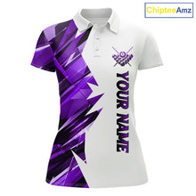 Load image into Gallery viewer, White billiard polo shirt with purple and black designs on front and back, featuring an 8 ball graphic, "Team Name" and "Your Name" text, custom pool team jersey design