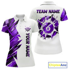 Load image into Gallery viewer, White billiard polo shirt with purple and black designs on front and back, featuring an 8 ball graphic, "Team Name" and "Your Name" text, custom pool team jersey design