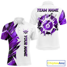 Load image into Gallery viewer, White billiard polo shirt with purple and black designs on front and back, featuring an 8 ball graphic, "Team Name" and "Your Name" text, custom pool team jersey design