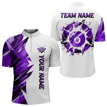 Load image into Gallery viewer, White billiard quarter zip shirt with purple and black designs on front and back, featuring an 8 ball graphic, "Team Name" and "Your Name" text, custom pool team jersey design