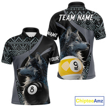 Load image into Gallery viewer, Customizable billiard polo shirt with wolf design and pool ball elements 