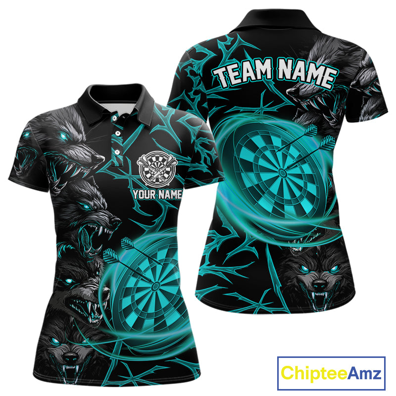 Personalized Wolf Dart Shirts For Women Custom Lights Dartboard Darts Team Jerseys |Turquoise TDM4670