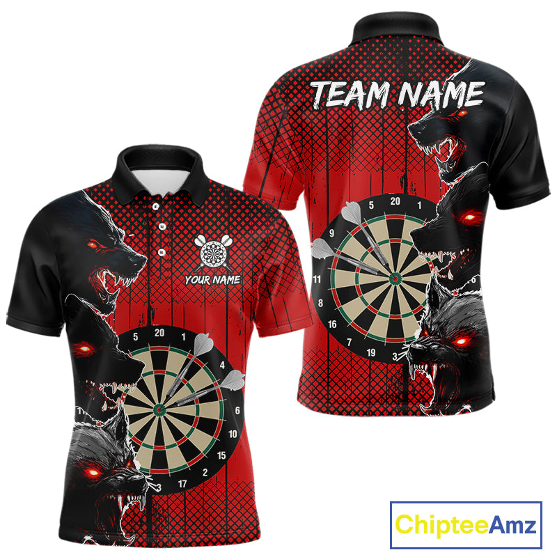 Personalized Red Grunge Wolf Darts Shirt For Men Custom Funny Darts Jersey Team Polo & 1/4 Zip TDM4672