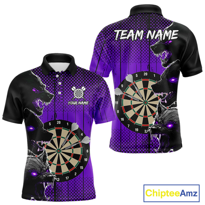 Personalized Purple Grunge Wolf Darts Shirt For Men Custom Funny Darts Jersey Team Polo & 1/4 Zip TDM4673