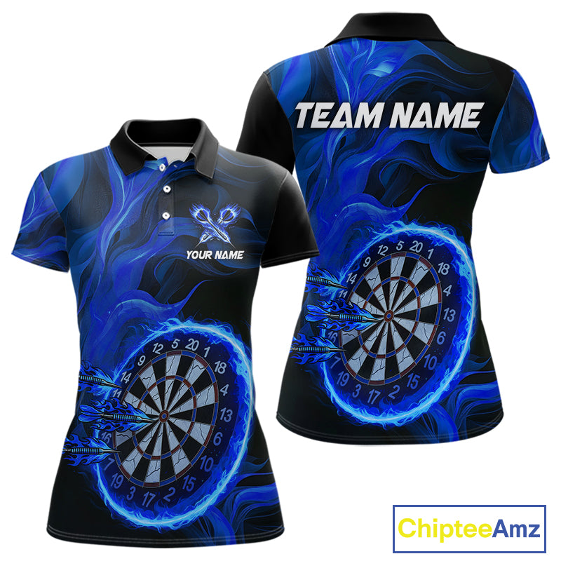 Blue Flaming Dartboard Shirt For Women Custom Fire Darts Jersey Polo & Quarter Zip Team Uniform TDM4676