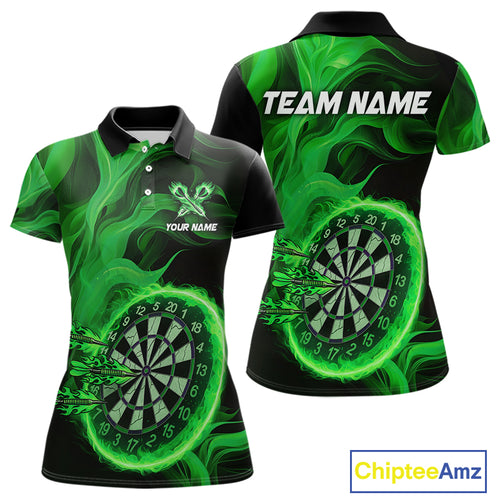 Green Flaming Dartboard Shirt For Women Custom Fire Darts Jersey Polo & Quarter Zip Team Uniform TDM4677