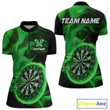 Load image into Gallery viewer, Green Flaming Dartboard Shirt For Women Custom Fire Darts Jersey Polo &amp; Quarter Zip Team Uniform TDM4677