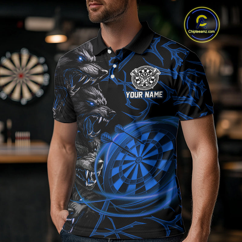 Personalized Wolf Dart Shirts For Men Custom Lights Dartboard Darts Team Jerseys |Blue TDM5095