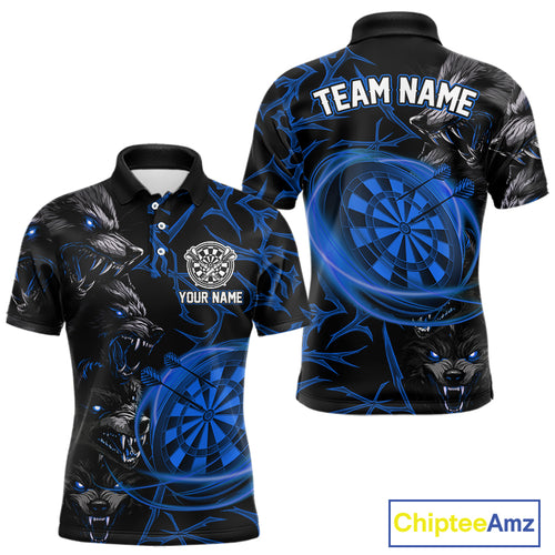Personalized Wolf Dart Shirts For Men Custom Lights Dartboard Darts Team Jerseys |Blue TDM5095