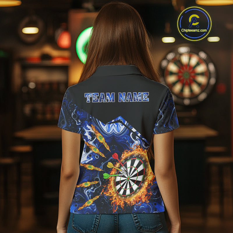 Personalized Blue Dartboard Fire Marble Darts Shirt For Women Custom Dart Team Jersey Polo & 1/4 Zip TDM5096