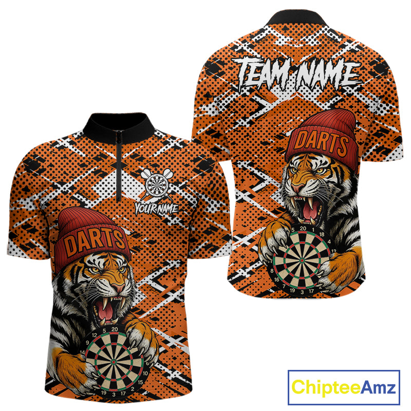 Personalized Orange Black Grunge Tiger Darts Shirt For Men Custom Darts Team Jersey Polo & 1/4 Zip TDM5099