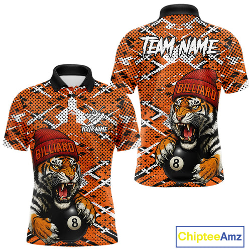Personalized Orange Black Grunge Tiger Billiard Shirt For Men Custom 8 Ball Pool Team Jersey TDM5100
