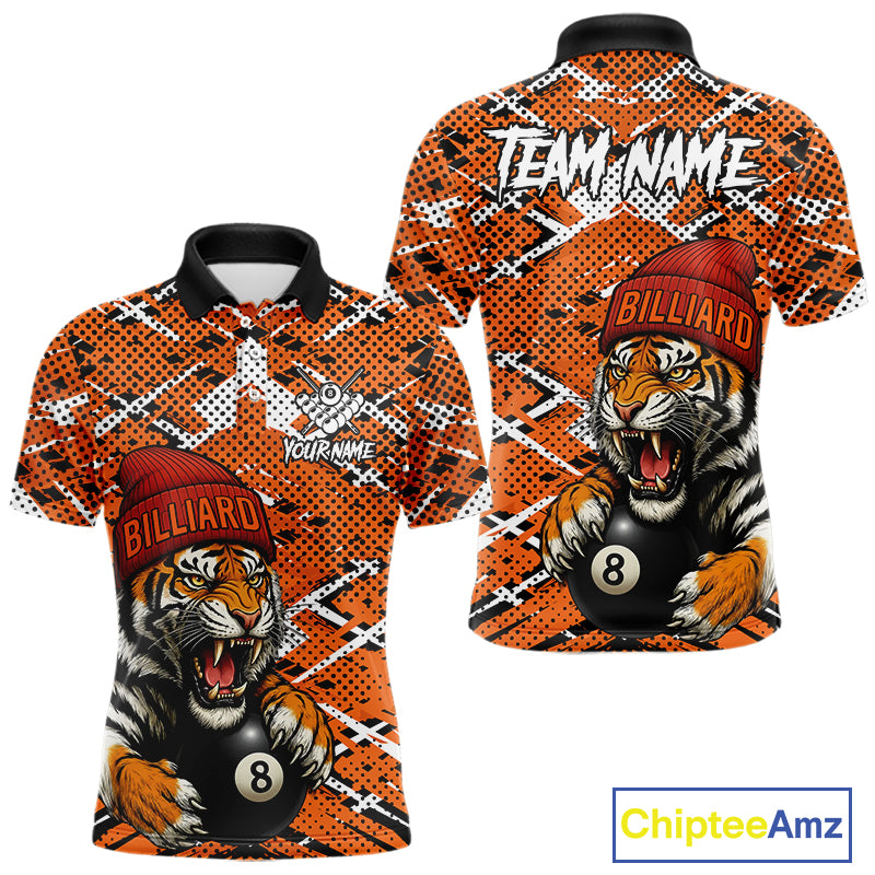 Personalized Orange Black Grunge Tiger Billiard Shirt For Men Custom 8 Ball Pool Team Jersey TDM5100