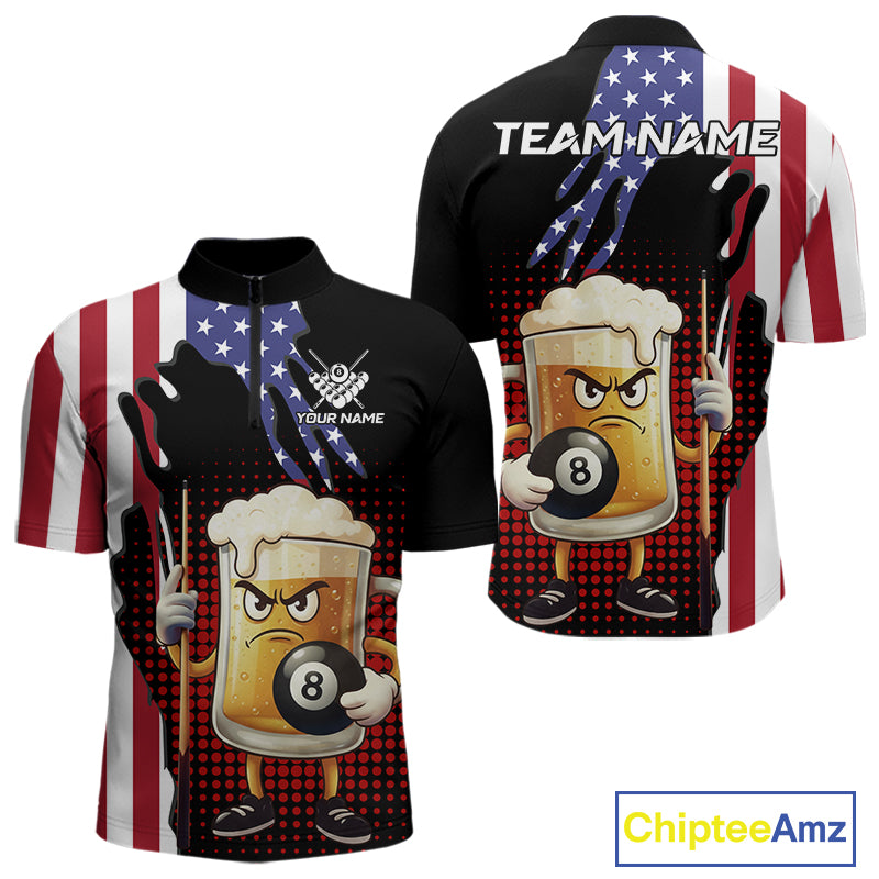 American Flag Funny Beer 8 Ball Billiard Shirt For Men Custom Patriotic Pool Team Jersey TDM5577