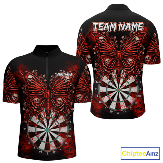Red Dartboard Butterfly Skull Darts Shirt For Men Custom Darts League Team Jersey Polo & 1/4 Zip TDM5583