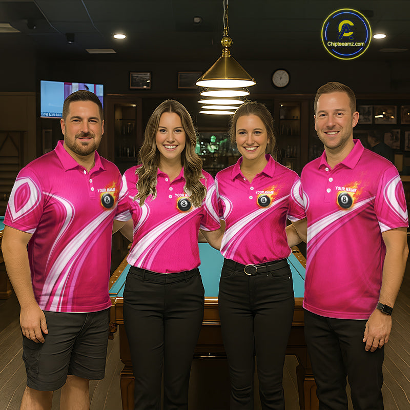 Personalized Pink Billiard Jersey For Men Custom Flame 8 Ball Pool Billiard Shirt Polo & 1/4 Zip TDM5814