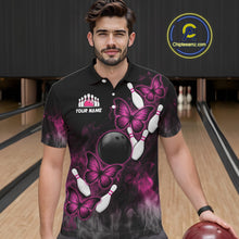 Load image into Gallery viewer, Pink Black Custom Butterfly Bowling Shirt For Men, Smoke Bowling Team Jersey Polo &amp; 1/4 Zip Shirt TDM6423