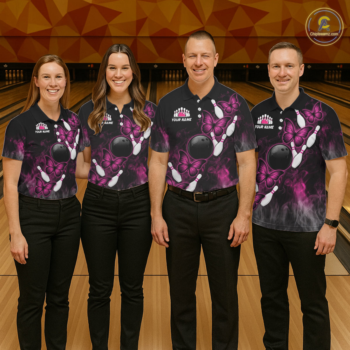 Pink Black Custom Butterfly Bowling Shirt For Men, Smoke Bowling Team Jersey Polo & 1/4 Zip Shirt TDM6423
