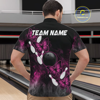 Pink Black Custom Butterfly Bowling Shirt For Men, Smoke Bowling Team Jersey Polo & 1/4 Zip Shirt TDM6423