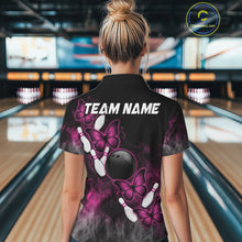 Load image into Gallery viewer, Pink Black Custom Butterfly Bowling Shirt For Women, Smoke Bowling Team Jersey Polo &amp; 1/4 Zip Shirt TDM6423