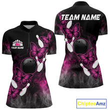 Load image into Gallery viewer, Pink Black Custom Butterfly Bowling Shirt For Women, Smoke Bowling Team Jersey Polo &amp; 1/4 Zip Shirt TDM6423