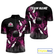 Load image into Gallery viewer, Pink Black Custom Butterfly Bowling Shirt For Men, Smoke Bowling Team Jersey Polo &amp; 1/4 Zip Shirt TDM6423