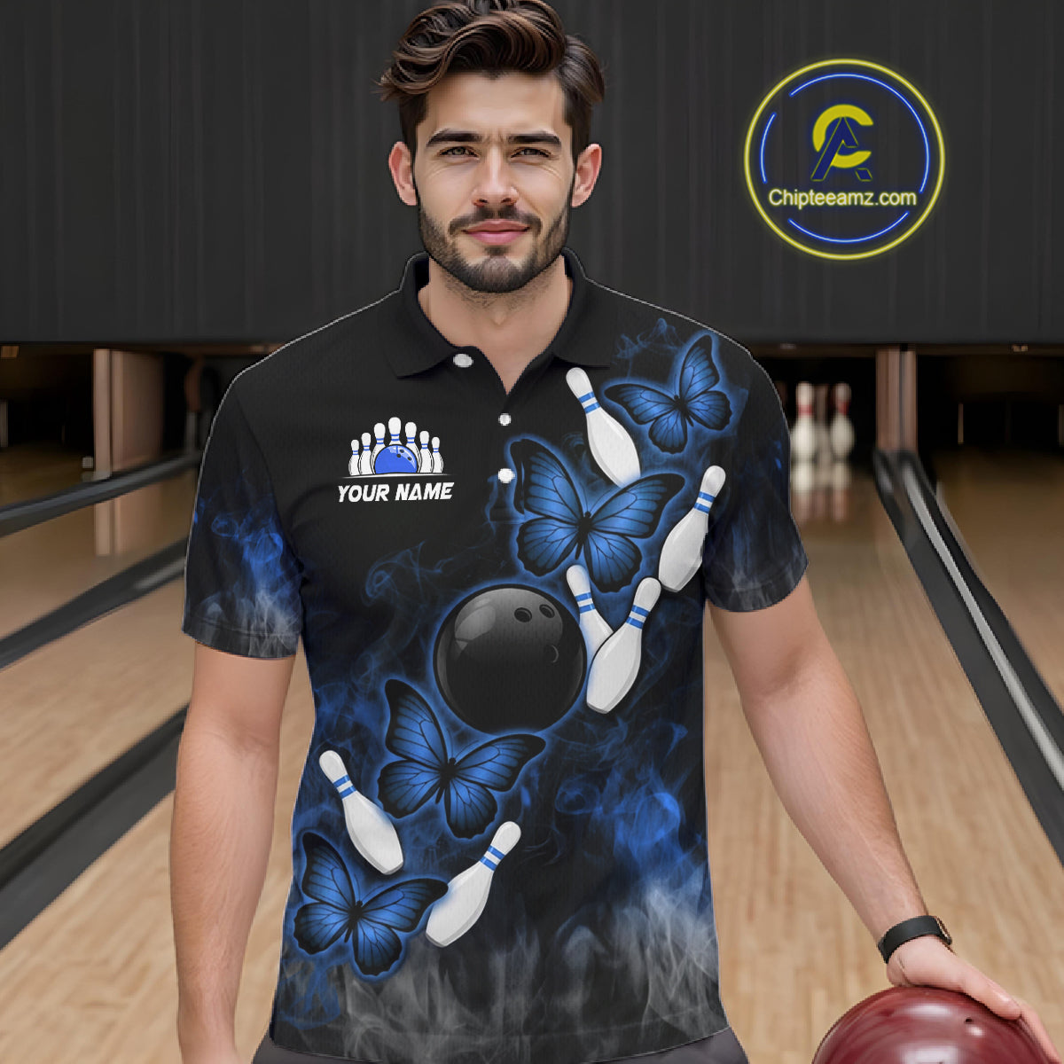Black And Blue Custom Butterfly Bowling Shirt For Men, Smoke Bowling Team Jersey Polo & 1/4 Zip TDM6424