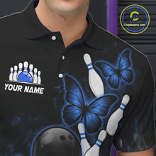 Load image into Gallery viewer, Black And Blue Custom Butterfly Bowling Shirt For Men, Smoke Bowling Team Jersey Polo &amp; 1/4 Zip TDM6424