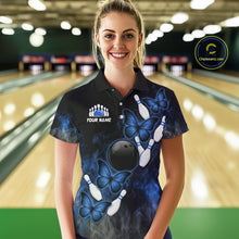 Load image into Gallery viewer, Black And Blue Custom Butterfly Bowling Shirt For Women, Smoke Bowling Team Jersey Polo &amp; 1/4 Zip TDM6424