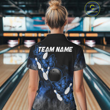 Load image into Gallery viewer, Black And Blue Custom Butterfly Bowling Shirt For Women, Smoke Bowling Team Jersey Polo &amp; 1/4 Zip TDM6424