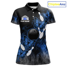 Load image into Gallery viewer, Black And Blue Custom Butterfly Bowling Shirt For Women, Smoke Bowling Team Jersey Polo &amp; 1/4 Zip TDM6424