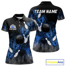 Load image into Gallery viewer, Black And Blue Custom Butterfly Bowling Shirt For Women, Smoke Bowling Team Jersey Polo &amp; 1/4 Zip TDM6424