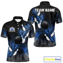 Load image into Gallery viewer, Black And Blue Custom Butterfly Bowling Shirt For Men, Smoke Bowling Team Jersey Polo &amp; 1/4 Zip TDM6424