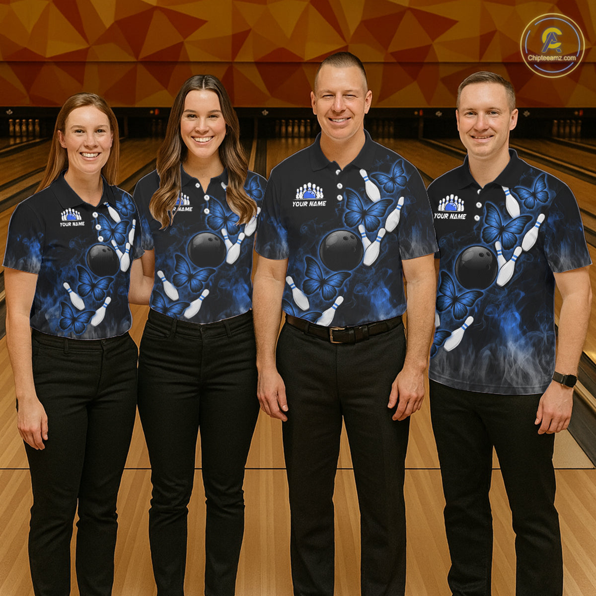 Black And Blue Custom Butterfly Bowling Shirt For Men, Smoke Bowling Team Jersey Polo & 1/4 Zip TDM6424