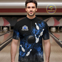 Load image into Gallery viewer, Black And Blue Custom Butterfly Bowling Shirt For Men, Smoke Bowling Team Jersey Polo &amp; 1/4 Zip TDM6424