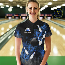 Load image into Gallery viewer, Black And Blue Custom Butterfly Bowling Shirt For Women, Smoke Bowling Team Jersey Polo &amp; 1/4 Zip TDM6424
