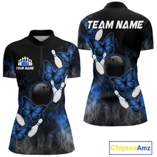 Load image into Gallery viewer, Black And Blue Custom Butterfly Bowling Shirt For Women, Smoke Bowling Team Jersey Polo &amp; 1/4 Zip TDM6424