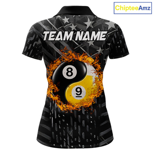 Black billiard polo shirt for women with distressed silver star background, featuring a flaming yin-yang 8-ball and 9-ball graphic on the back, customizable "Team Name" text, and personalized "Your Name" detail on the front chest.