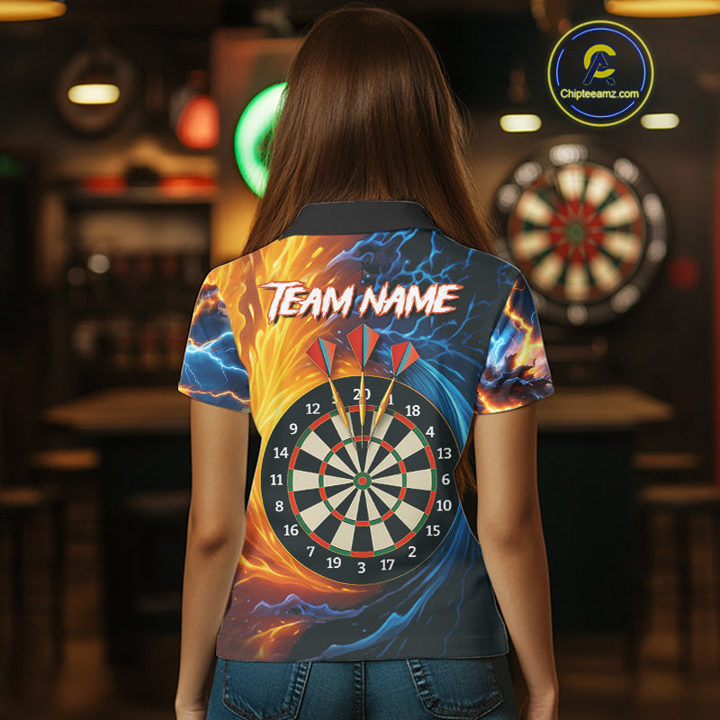 Personalized Blue And Orange Swirl Fire Flame Dart Shirt For Women Custom Darts League Team Jersey TDM4270