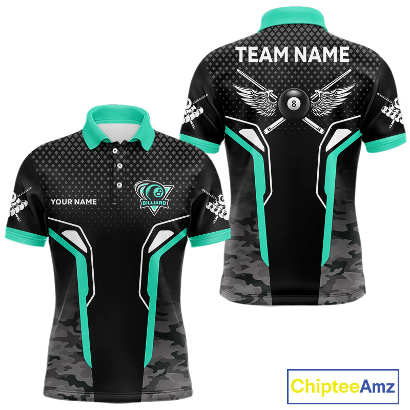 Black & Turquoise 8 Ball Pool Wings Custom Camo Billiard Shirt For Men, Billiard Team Jersey TDM4440